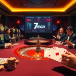 Exciting casino scene highlighting 7mcn's thrilling betting environment with vibrant slot machines and elegant poker tables.