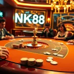 NK88 poker players engaged in a high-stakes game with vibrant casino ambiance.