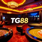TG88 vibrant casino scene with roulette wheels, poker tables, and excited players enjoying gambling.