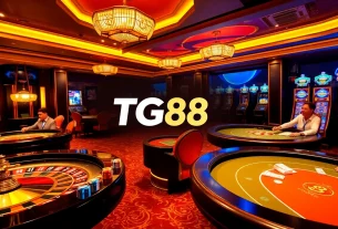 TG88 vibrant casino scene with roulette wheels, poker tables, and excited players enjoying gambling.