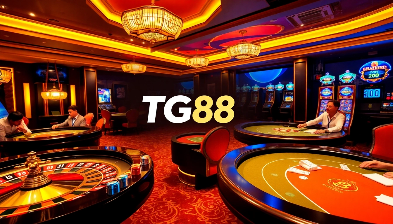TG88 vibrant casino scene with roulette wheels, poker tables, and excited players enjoying gambling.