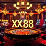 Experience the excitement of gambling at XX 88 with luxury casino visuals featuring roulette and poker elements.