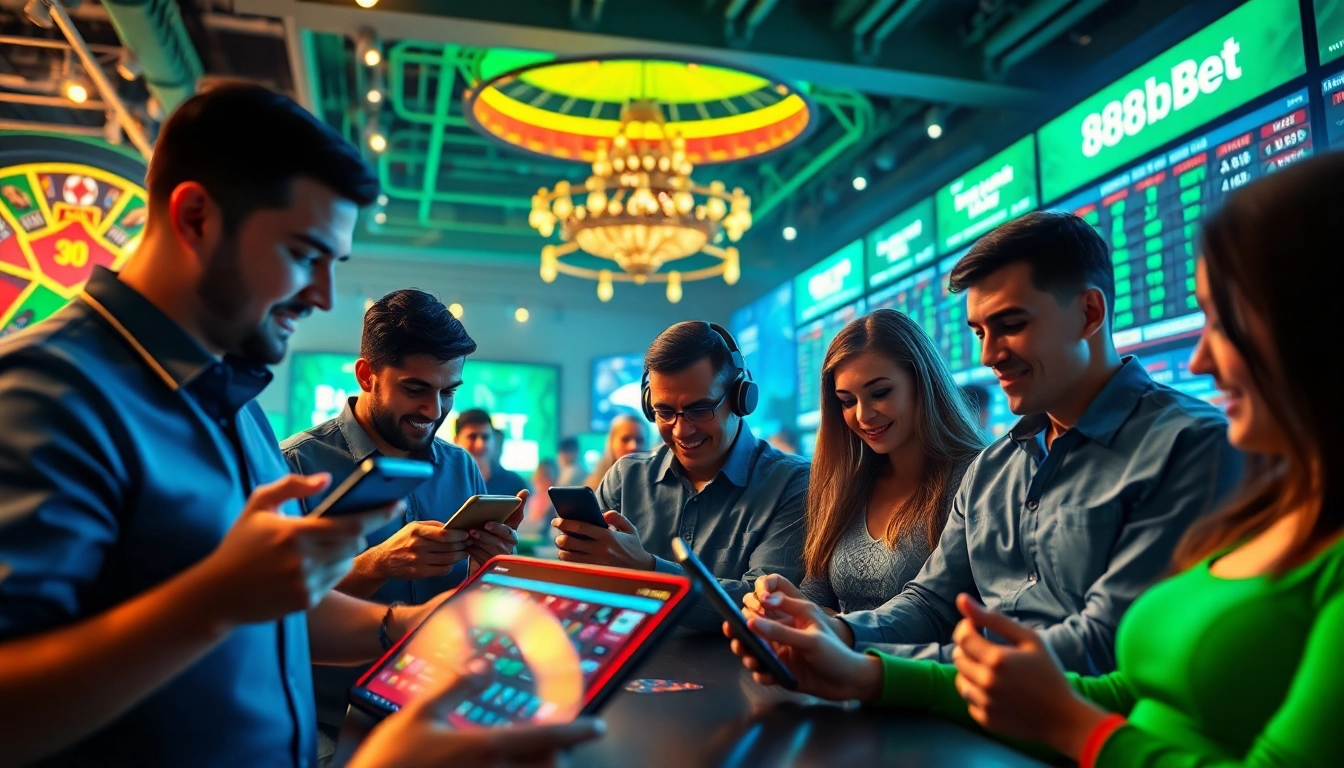 Engaging scene of diverse players enjoying online gambling at 888b.bet, showcasing modern gaming technology.