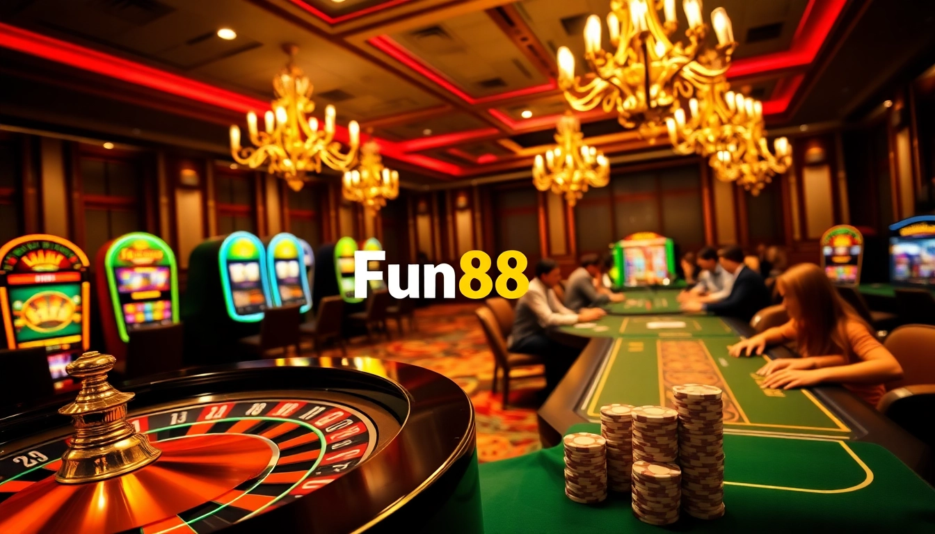 Fun88 players enjoying exciting games like roulette and slots in a luxury casino setting.