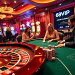 A thrilling scene at 68VIP casino with vibrant roulette, poker chips, and engaged players.