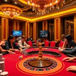KP88 themed gambling table with players excitedly placing bets and engaging in poker.