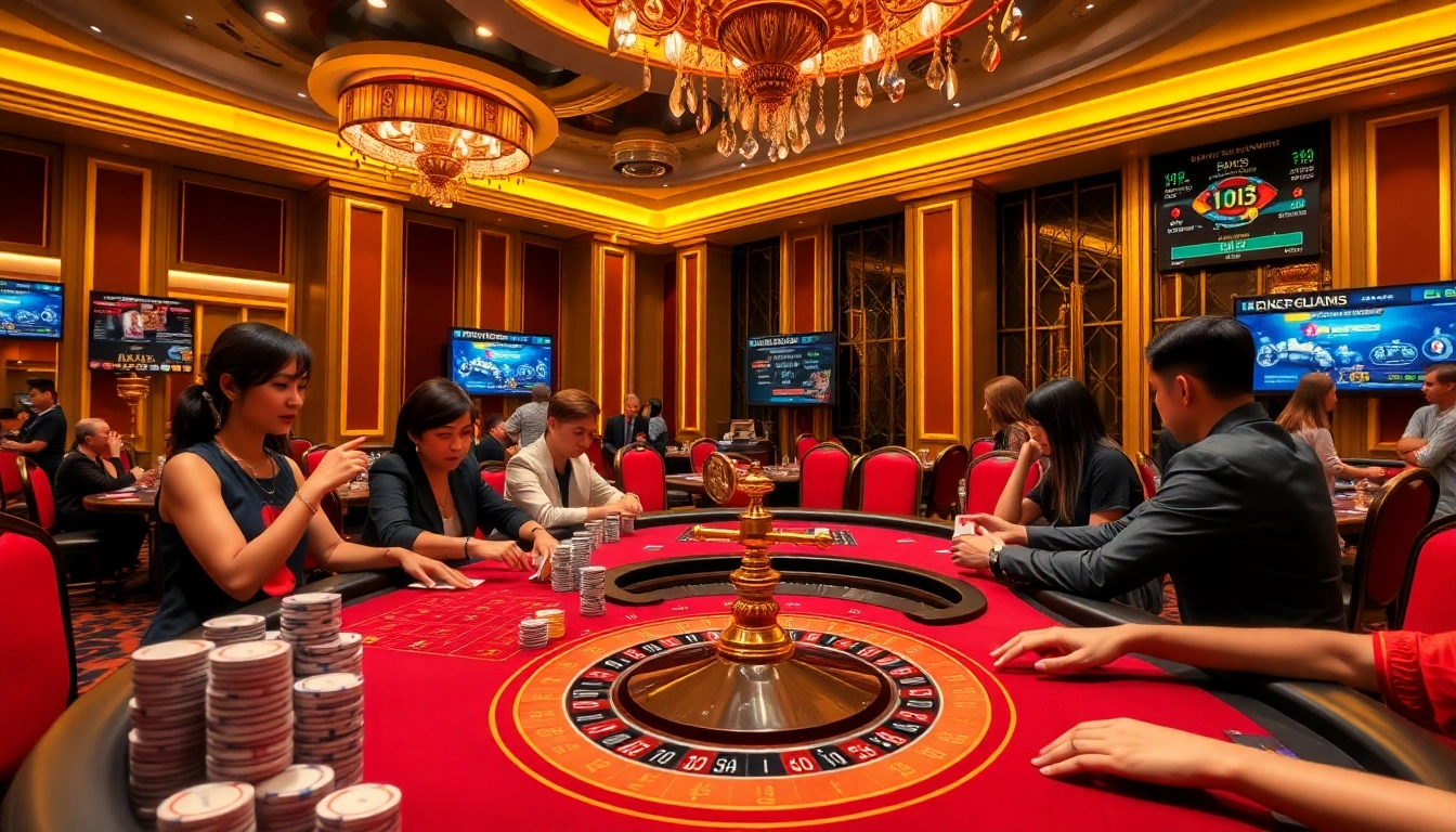 KP88 themed gambling table with players excitedly placing bets and engaging in poker.