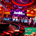 Experience the excitement at Jun88 com with vibrant casino tables, slot machines, and poker chips.