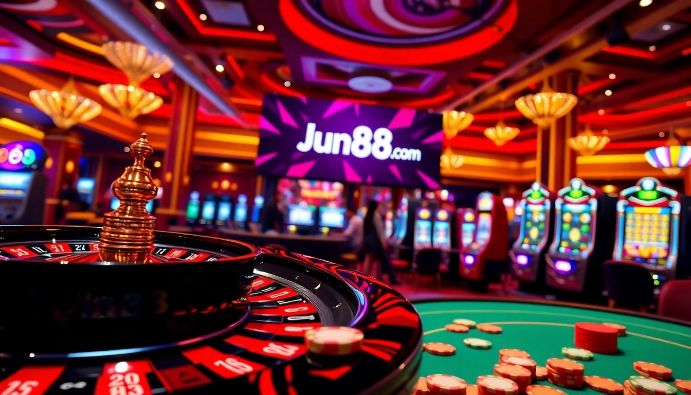 Experience the excitement at Jun88 com with vibrant casino tables, slot machines, and poker chips.