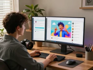 Engaging chat with CrushOn AI character in a cozy home office setting.