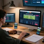 Engaging online sports betting display showing tỷ lệ kèo nhà cái hôm nay on multiple screens in a modern setup