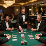 TR88 players strategizing at a high-stakes blackjack table in a sophisticated casino atmosphere.