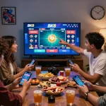 Friends enjoying online betting on BK8 in a cozy living room setting, engaging with the platform together.