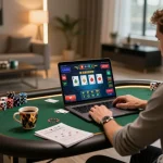 Player enjoying MM88 online poker, with gaming laptop and strategy notes in a cozy home office