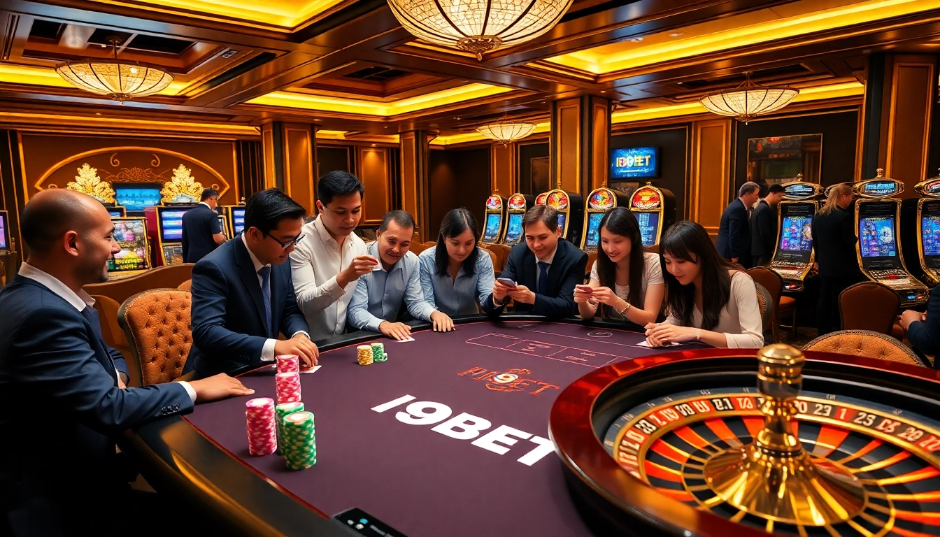 I9BET players engaging in an exhilarating game at a luxurious casino table.