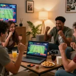 Friends eagerly engaging in sports betting on rikbet platform in a lively living room setting.