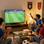 Fans enjoying a thrilling match on luong son tv in a cozy living room setting, surrounded by snacks and team flags.