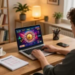 HDBET online gaming scene with player using laptop for roulette bets at home desk