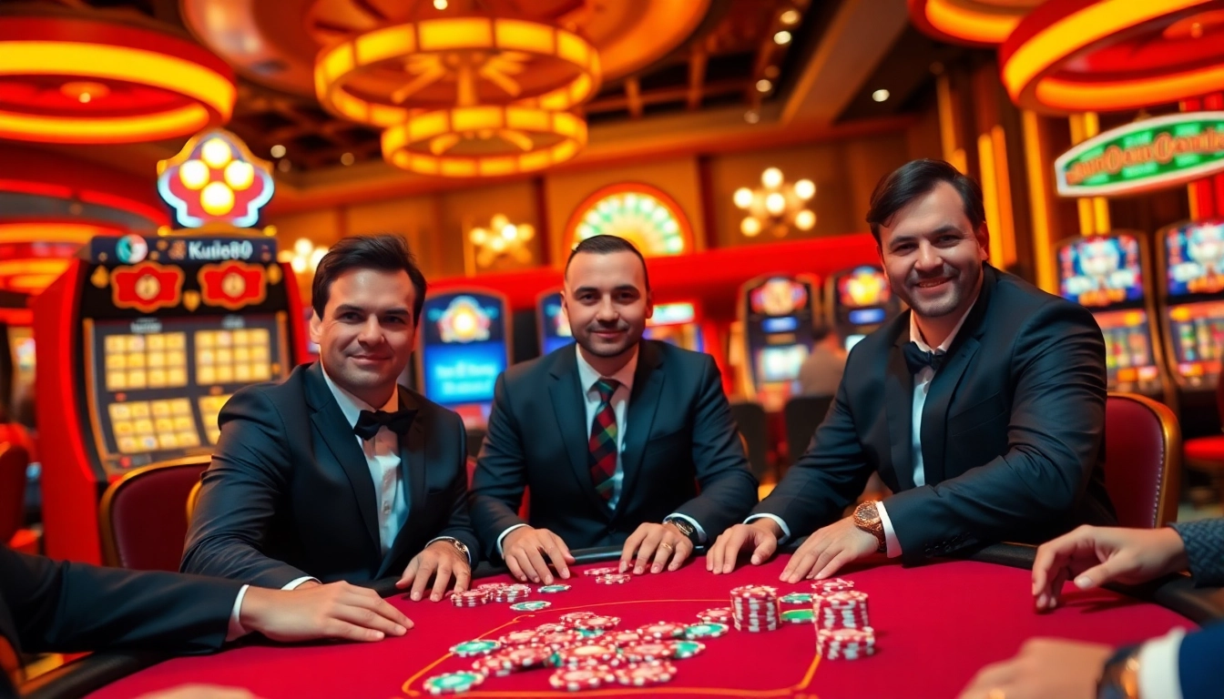 Engrossed gamblers at a luxurious ku88 poker table, exuding excitement and anticipation.