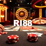 Experience the thrill of gambling at RR88, with a luxurious poker table and roulette wheel echoing excitement.