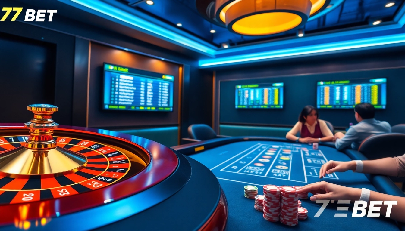 Engaging gamblers with an exciting 77BET casino experience featuring roulette, poker chips, and betting screens.