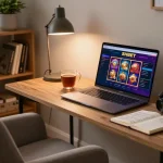 Engaging with SHBET online casino gaming setup in a stylish home office