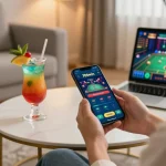 The user expertly navigates the 789win app for online betting, enjoying a cozy home setting.