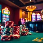 Experience excitement at kkwin's luxurious casino table with vibrant poker chips and roulette wheel.