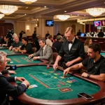 Players strategizing and placing bets at a hit club blackjack table amidst an exciting casino atmosphere.