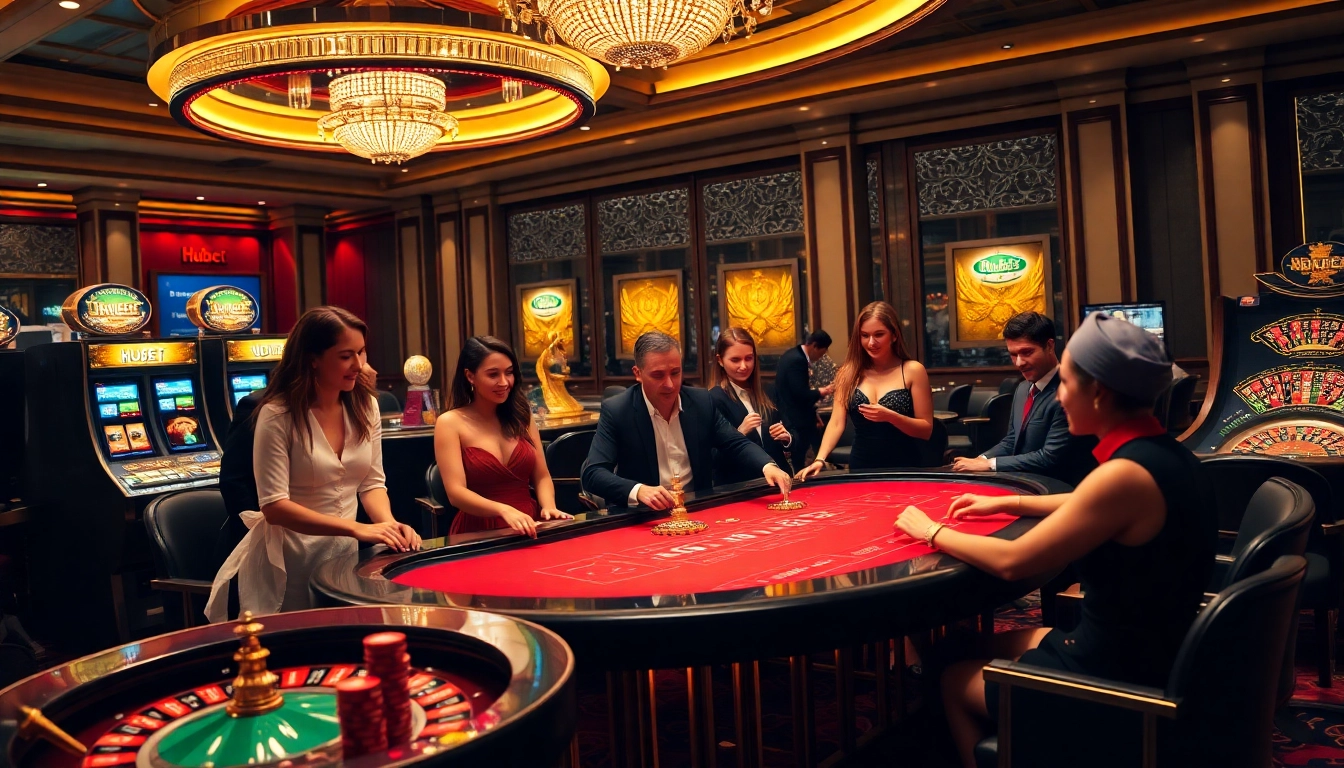 Experience the excitement of Hubet with players winning at a glamorous casino table surrounded by vibrant slot machines.