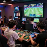 AZ888 gaming lounge with players engaged in betting and casino games, showcasing an energetic atmosphere.