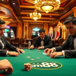 Casino enthusiasts engage in an exciting game, showcasing cm88 vibes with poker chips and vibrant slot machines.