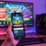 Exciting online gaming scene with S666 app on smartphone highlighting promotions and vibrant graphics.