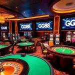 Exciting gaming scene at GG88, featuring poker and slots in a luxurious atmosphere.