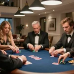 Players calculating their strategies at a high-stakes poker game on BL555.COM, showcasing the thrill of luxury gambling.