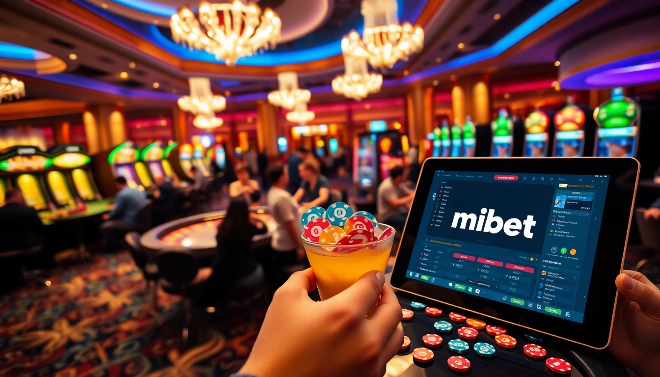 Mibet players enjoying lively gambling action at a vibrant casino with exciting games.