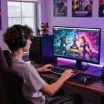 Engaged gamer playing porn games on a desktop in a colorful gaming room.