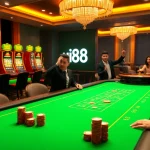 uu88 online casino table bustling with players and vibrant slot machines in a luxurious setting.