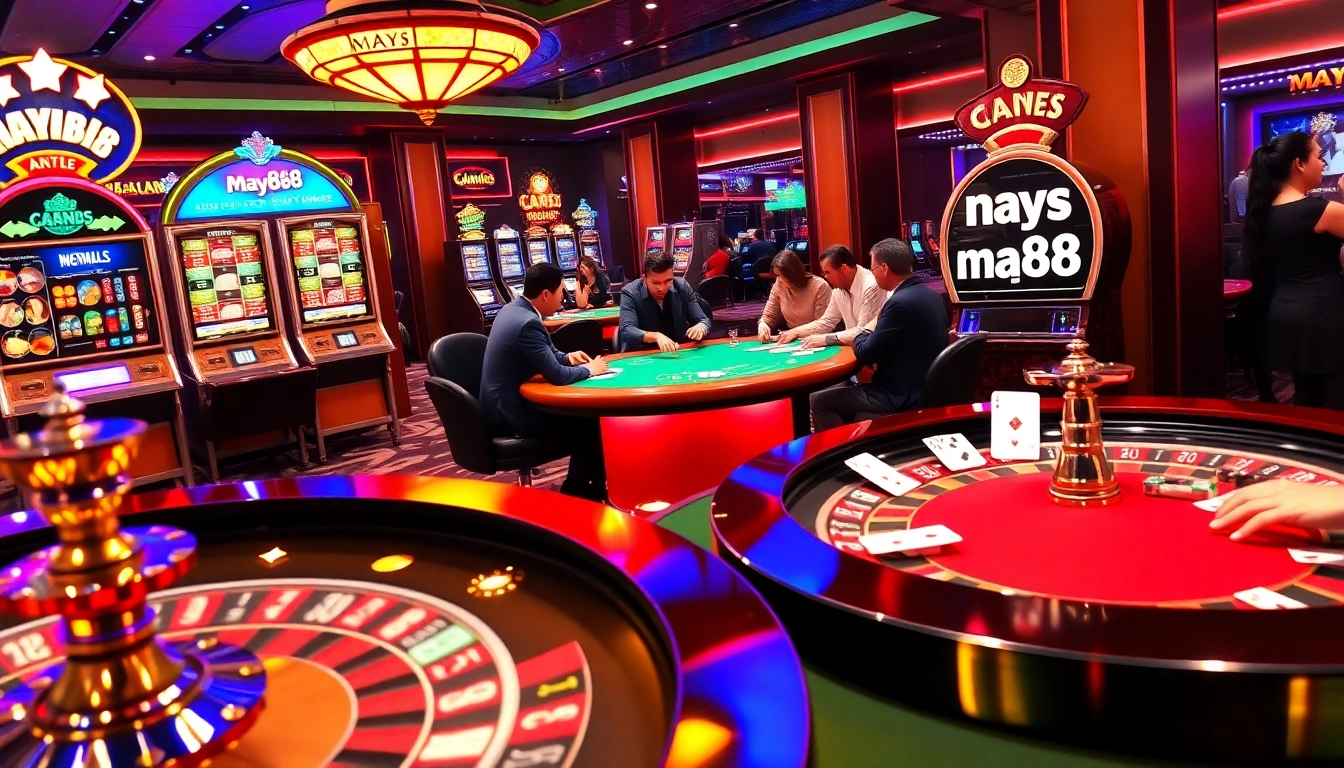 Experience the thrill of gambling at May88, showcasing exciting casino games and vibrant slot machines.