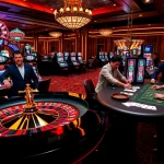Experience excitement at km88 with a luxurious casino roulette table and poker setup.