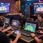 Engaging online gaming atmosphere on TK88 with diverse players enjoying various games on digital devices, reflecting excitement and community.