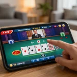Engaging in tg88 đăng nhập to play live baccarat on mobile while surrounded by a modern home setup.