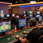 Players enjoying an immersive gem88 online gaming experience at a modern casino lounge with vibrant graphics and gaming accessories in action.