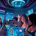 Engaging scene depicting users interacting with NSFW AI platforms in a high-tech lounge, showcasing addictive features.