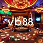 Experience thrilling gaming with vb88 at a luxurious live casino table, vibrant chips, and engaging players.