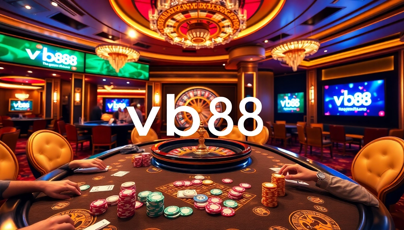 Experience thrilling gaming with vb88 at a luxurious live casino table, vibrant chips, and engaging players.