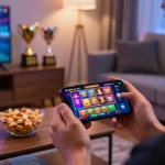 Player tải game rikvip on smartphone in cozy gaming atmosphere, surrounded by snacks and colorful game graphics.
