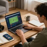 SHBET user actively placing bets on a laptop, showcasing a sports betting interface in a cozy home environment.