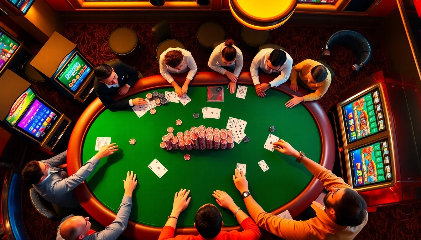 Nohu90 players enjoying a bustling casino atmosphere with vibrant games and excitement.
