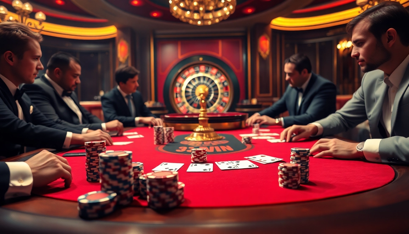 Experienced gamblers enjoy intense poker action at the 33WIN casino table.